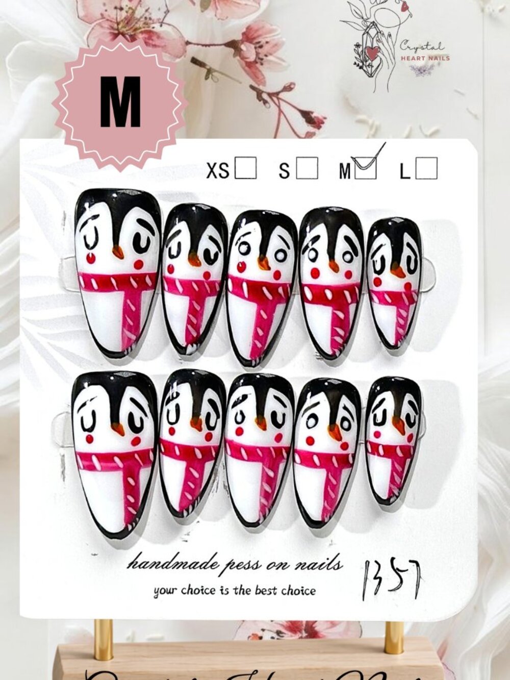 Penguin Christmas Press-On Nails | Black & White Cartoon Nail Art